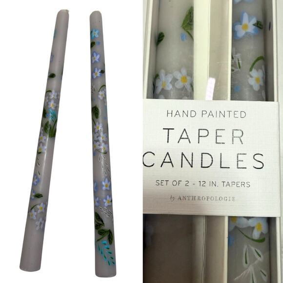 Anthropologie Set/2 Taper Candles Hand Painted Blue White Floral 12” NEW Boxed - Picture 1 of 4